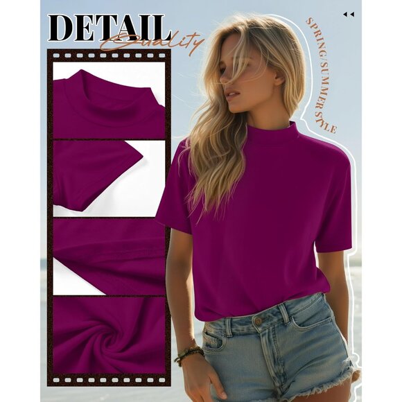 3 Pack Women's Mock Neck Shirts Short Sleeve Turtleneck Casual Blouse - Picture 5 of 6